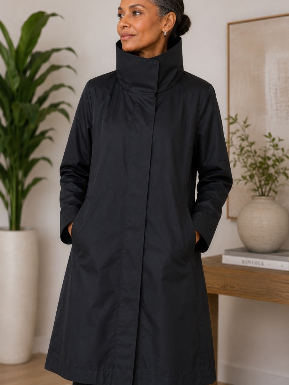 Eileen Fisher Black Dramatic High Collar Long Coat Cotton Nylon | Size XL